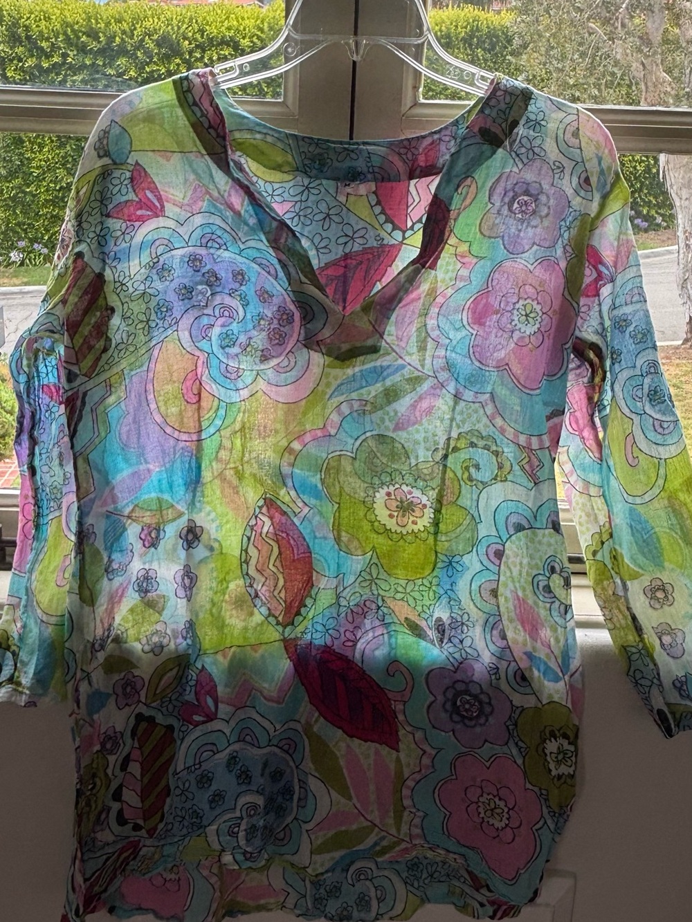 Women's Sheer Floral V-Neck Tunic Top beach cover-up- Multicolor